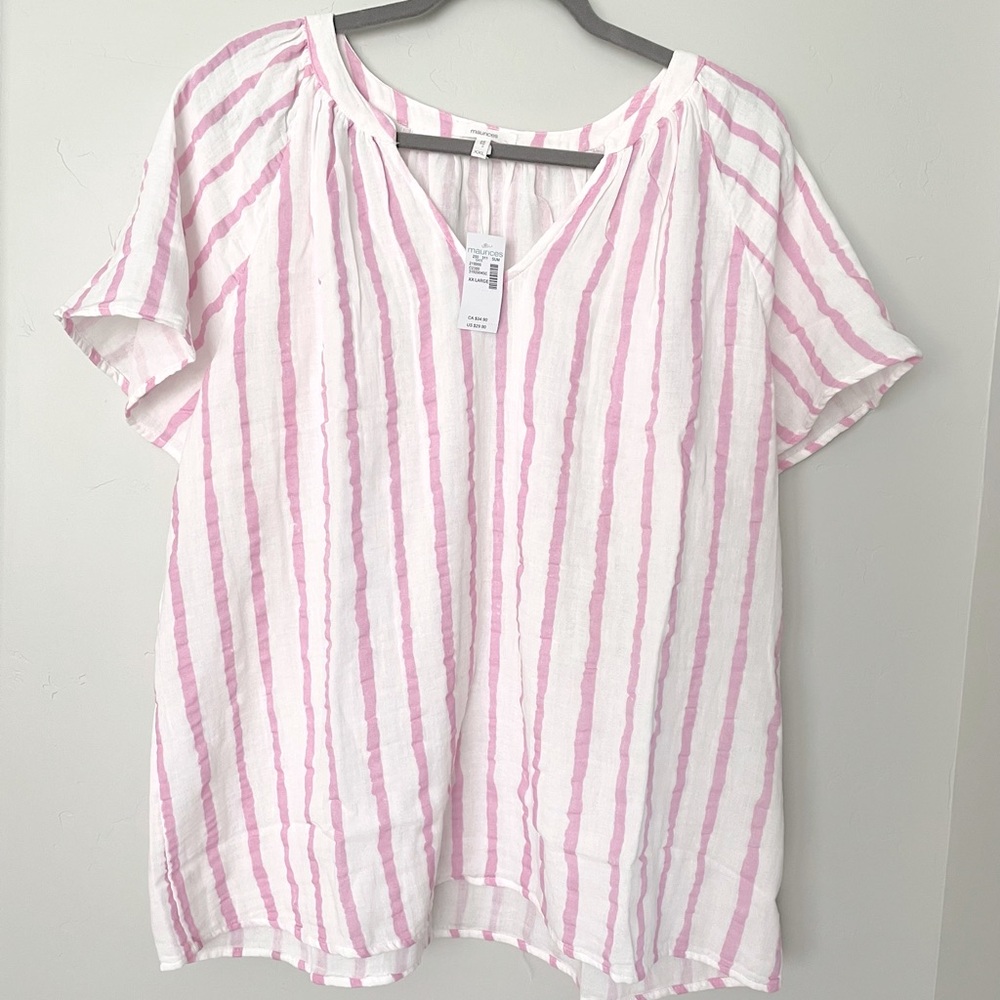 Maurice’s Flutter Sleeve Cotton Gauze V Neck Top, White w/Pink Stripes, Size XXL